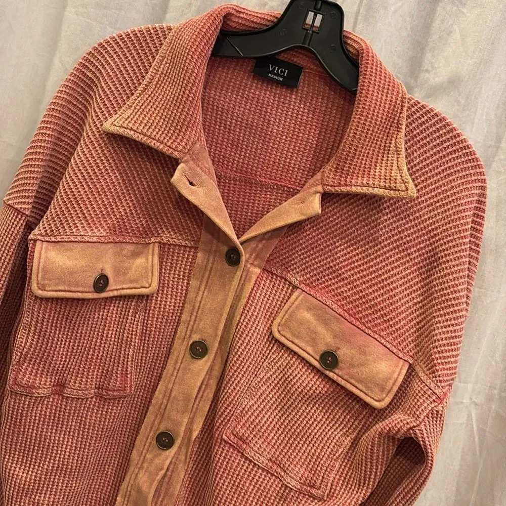 Vici Rigo Coral Pink Orange Sherbet Waffle Knit Oversized Button Down Shacket Sm
